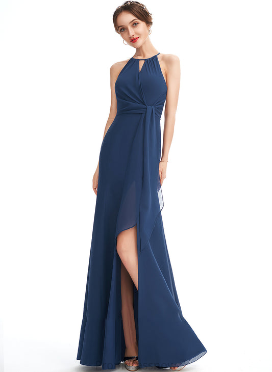 Length Fabric SplitFront Ruffle A-Line Embellishment Floor-Length Halter Silhouette Neckline Victoria Bridesmaid Dresses