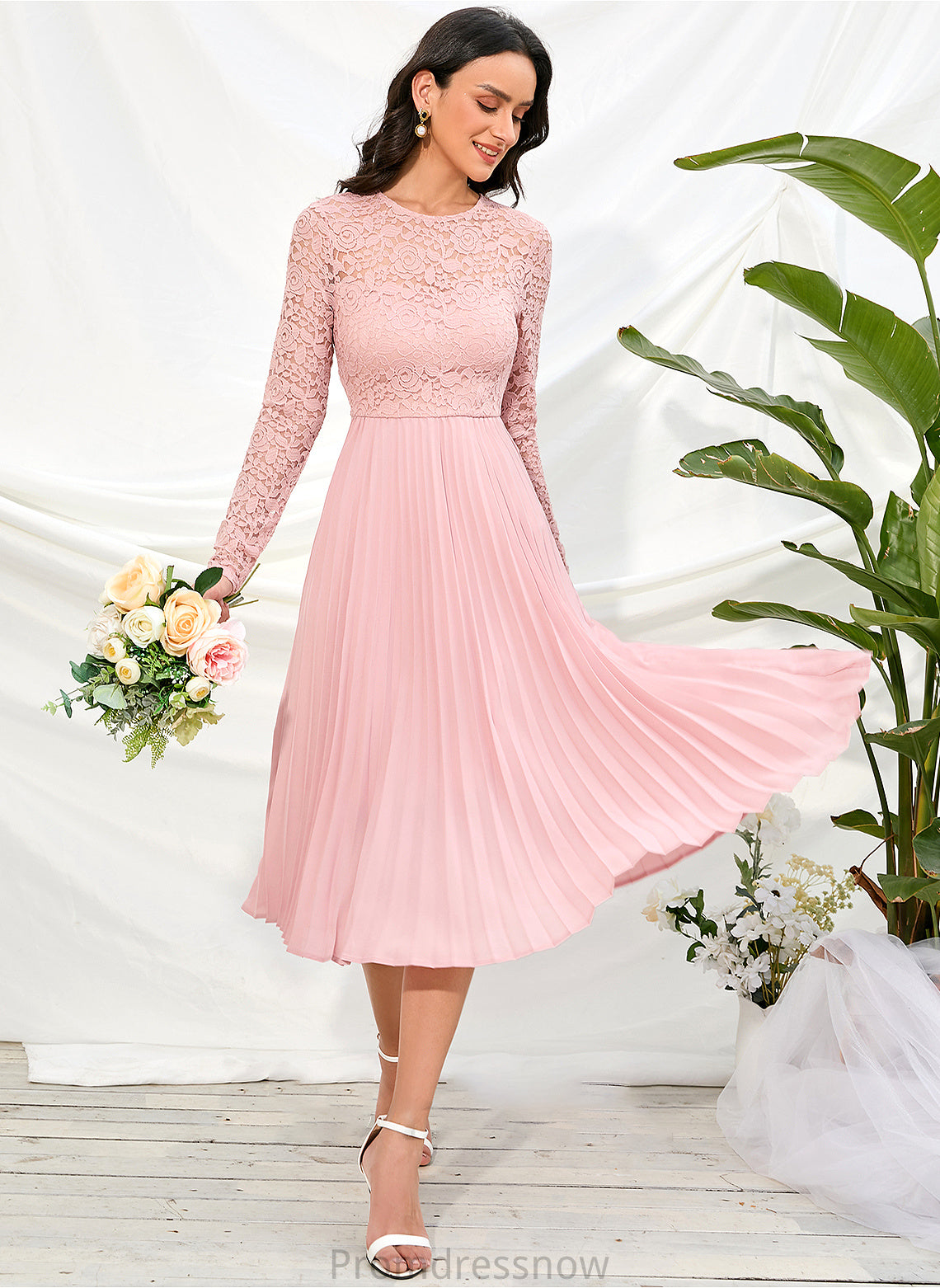 Length Fabric A-Line Knee-Length Sleeves Sleeve Lace Silhouette Straps Kamora V-Neck Natural Waist Bridesmaid Dresses