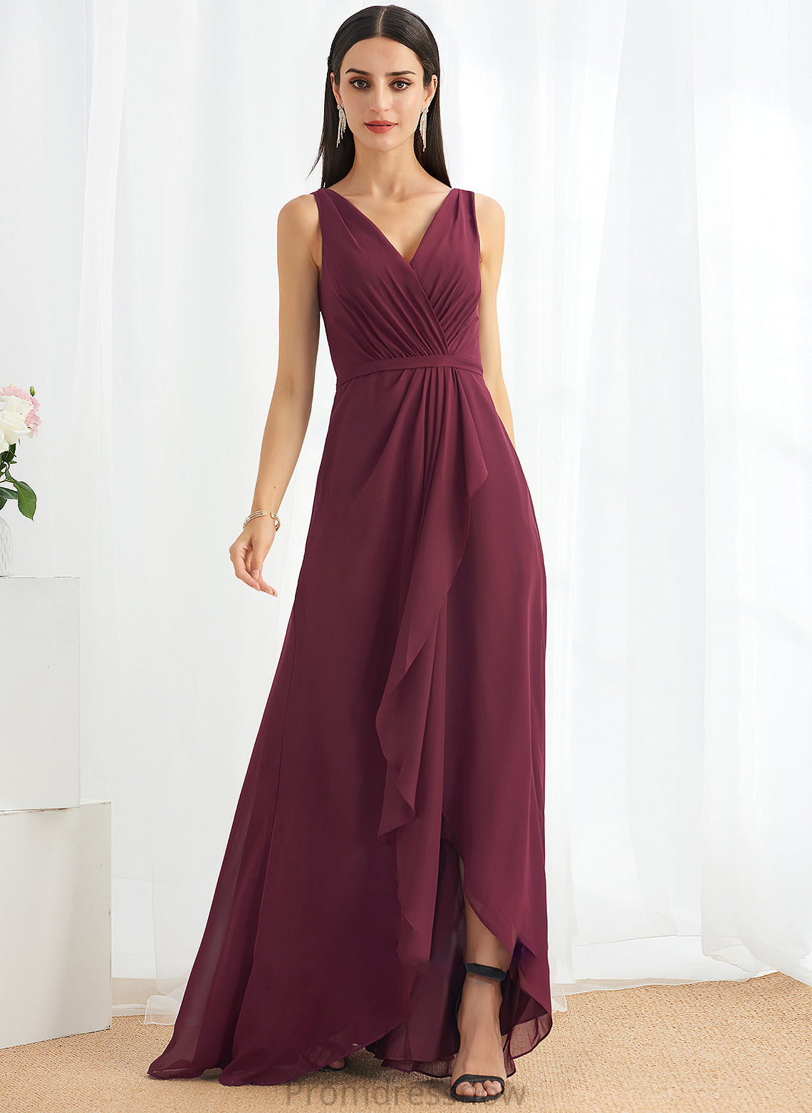 Fabric Length Embellishment Asymmetrical V-neck A-Line SplitFront Silhouette Neckline Callie A-Line/Princess Sleeveless Bridesmaid Dresses