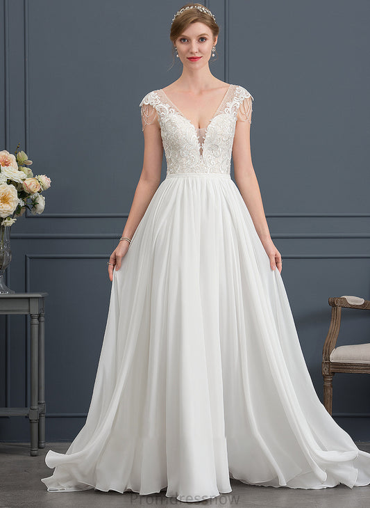 With Sequins Chiffon Wedding A-Line Sweep Beading Mylie V-neck Dress Train Wedding Dresses