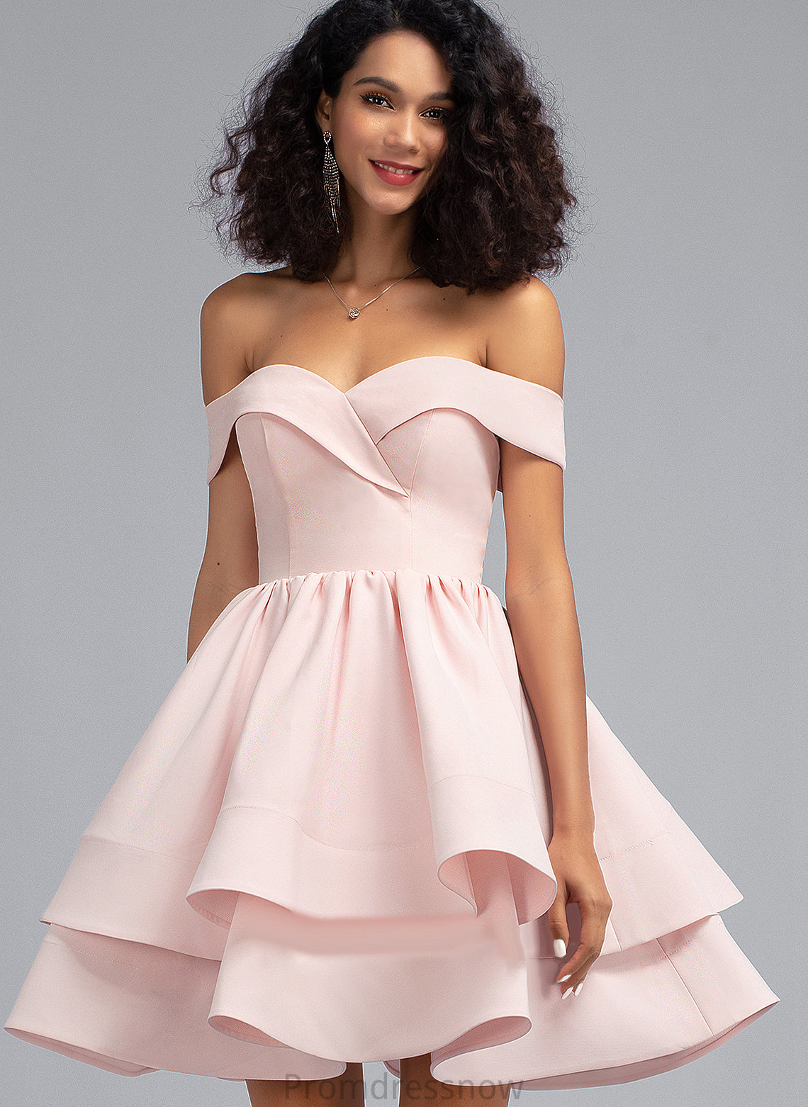 With Laylah Ruffles Stretch Short/Mini Off-the-Shoulder Crepe Cascading A-Line Prom Dresses