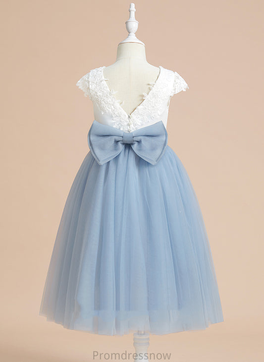 Dress - Flower Lace/Bow(s) Girl With Scoop Neck Tea-length Satin/Tulle Sleeveless A-Line Dayana Flower Girl Dresses