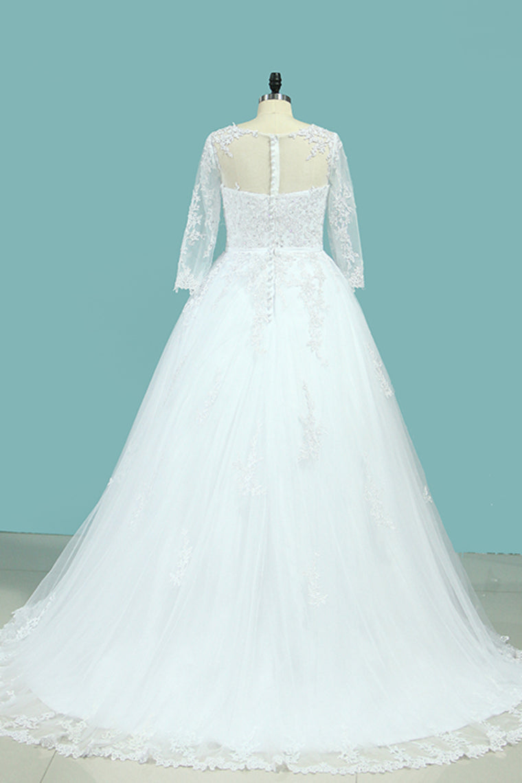 2024 Bateau Wedding Dresses Long Sleeves A Line Court Train Tulle With Applique