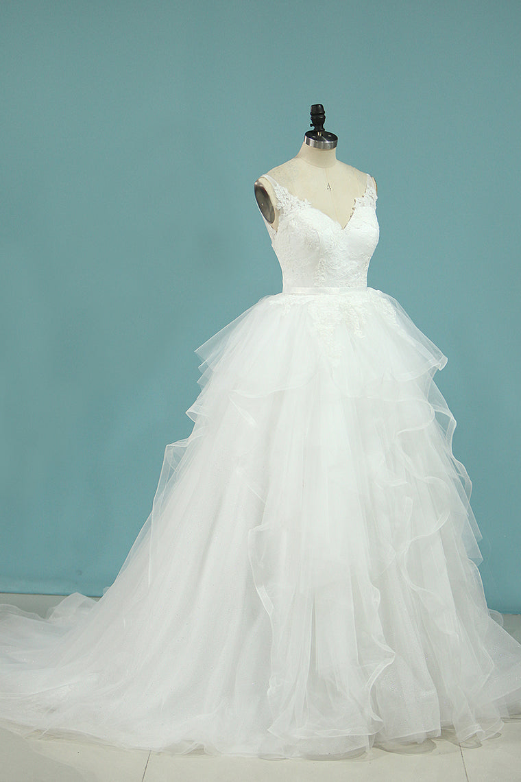 2024 Tulle V Neck A Line With Applique Chapel Train Wedding Dresses