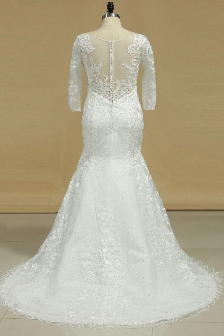 2024 New Arrival V Neck 3/4 Length Sleeves Mermaid Lace Wedding Dresses