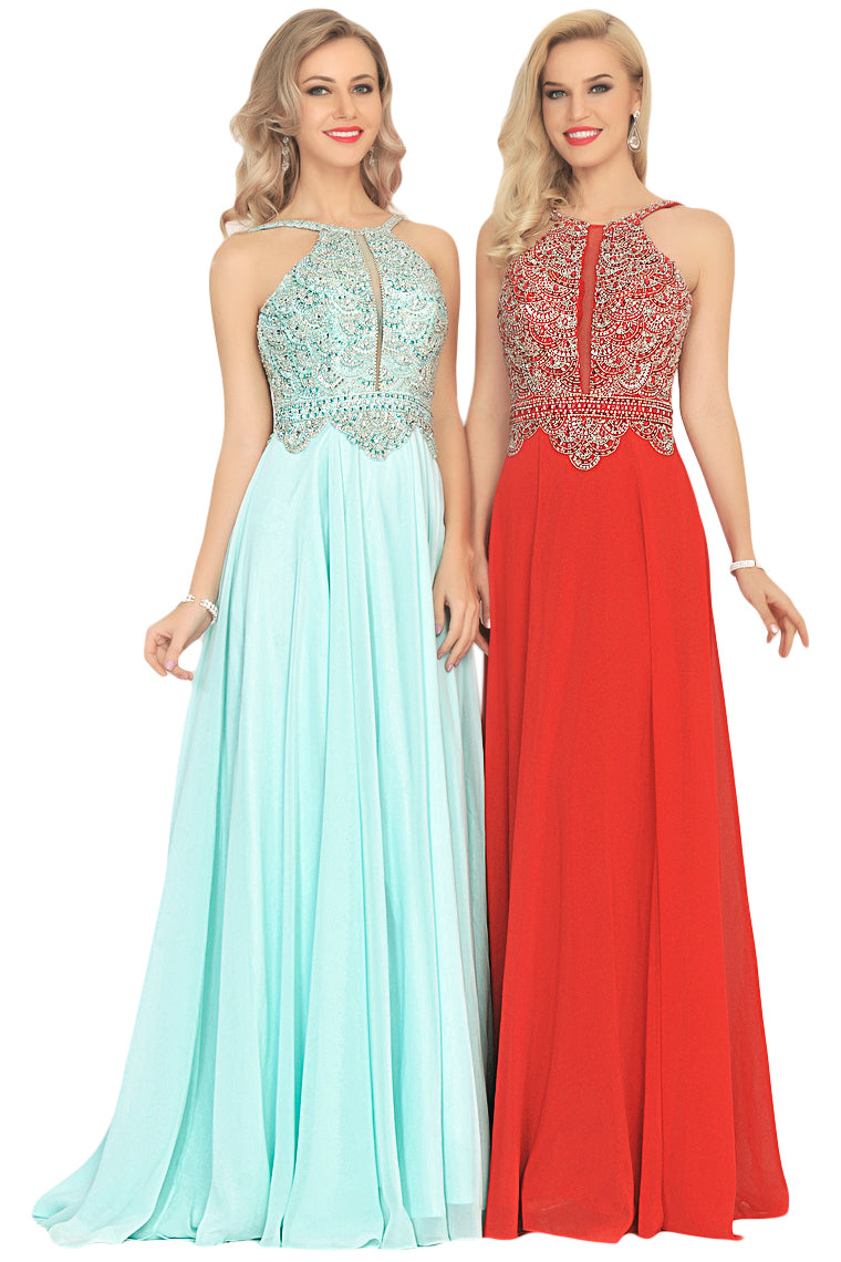 2024 A Line Chiffon Spaghetti Straps Prom Dresses With Beading Floor Length