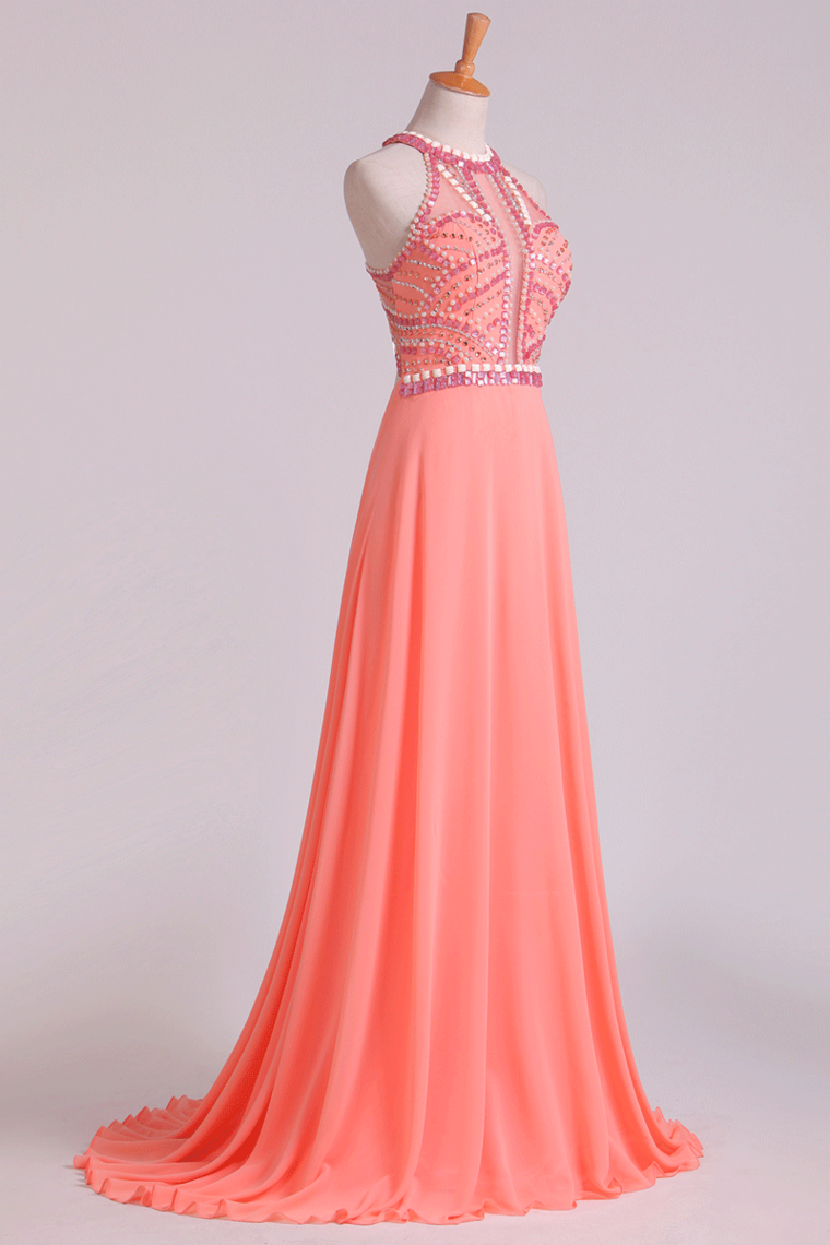 2024 Halter Prom Dresses A Line Chiffon & Tulle Sweep Train With Beading