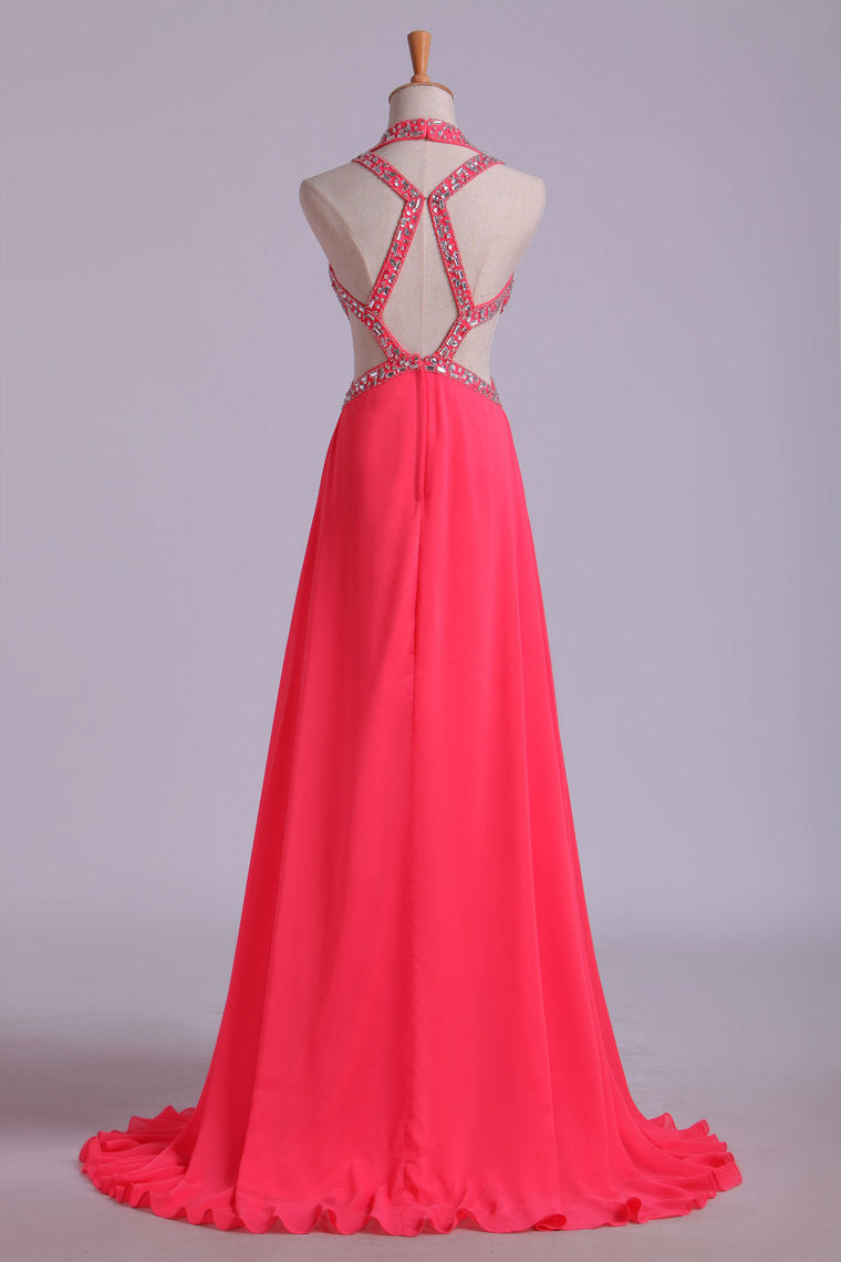 2024 Chiffon Halter Prom Dress Sexy A Line Court Train