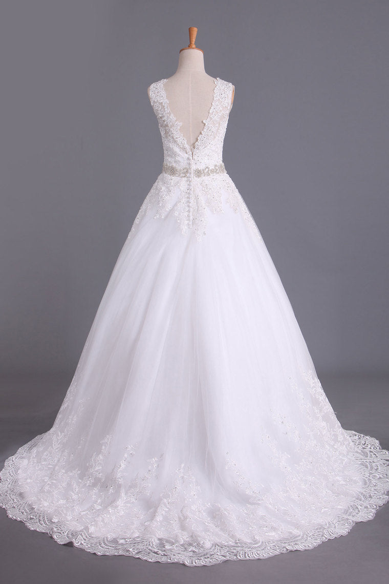 2024 Bridal Dresses A Line V-Back Tulle Chapel Train V-Back Applique & Sash