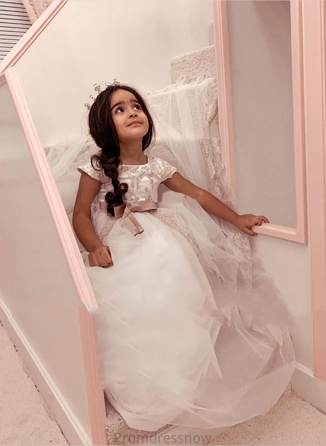 Sleeves Short Ball-Gown/Princess Train Dress With Scoop Flower Girl Dresses - Neck Girl Bow(s) Flower Joselyn Court Tulle/Lace