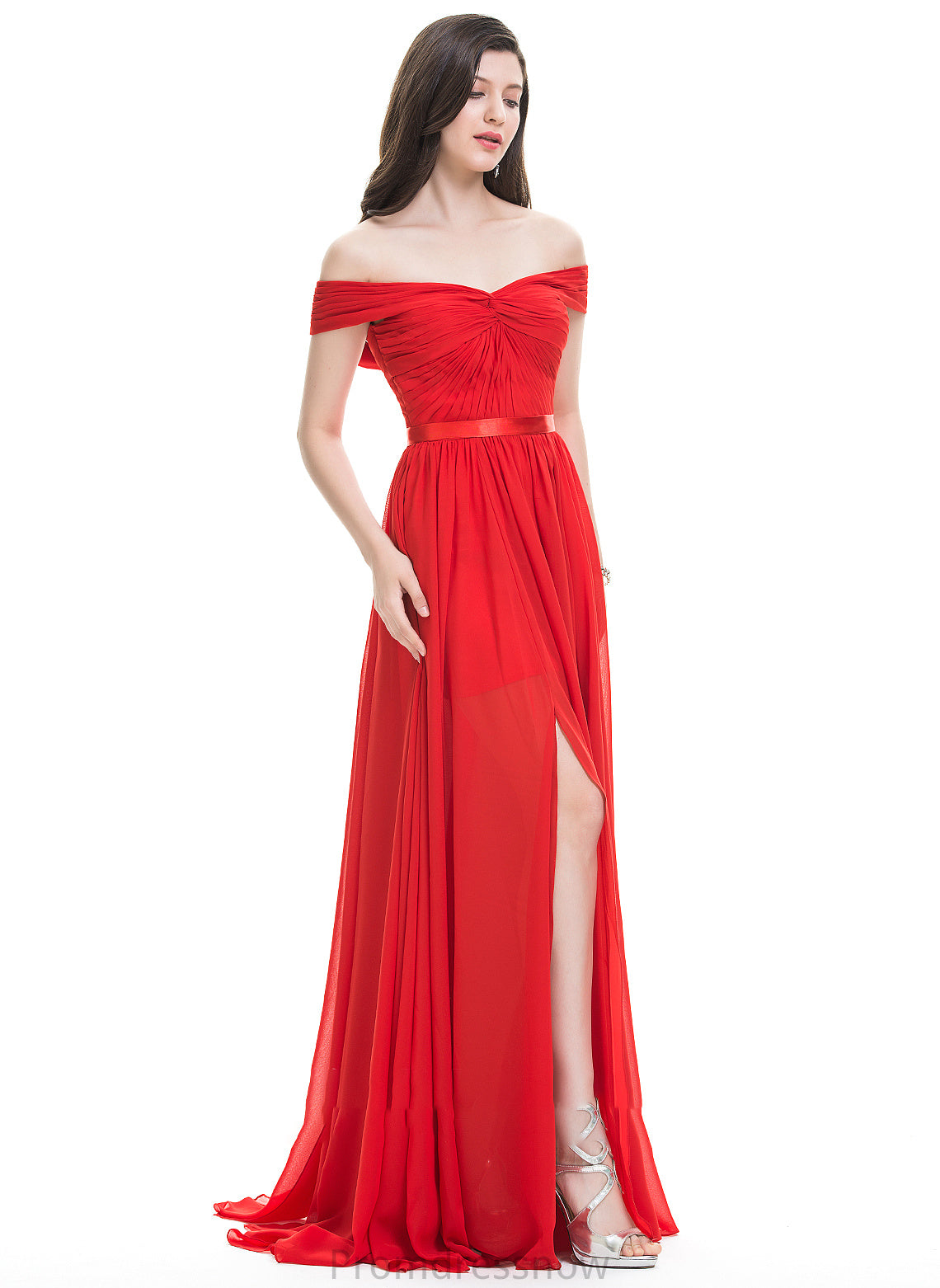 Silhouette SplitFront Fabric Embellishment Length Ruffle Neckline SweepTrain Off-the-Shoulder A-Line Summer Floor Length Bridesmaid Dresses