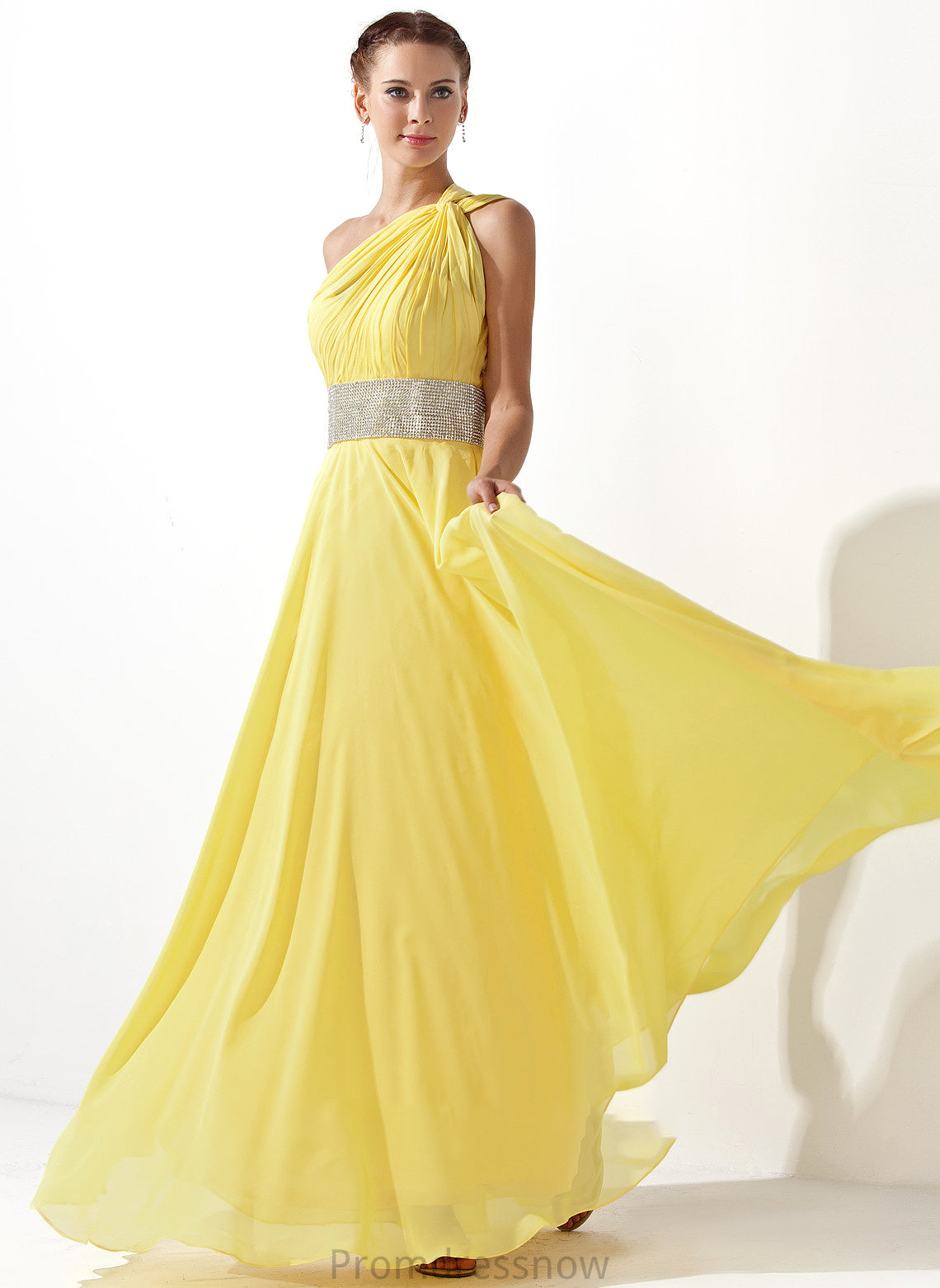 With Beading Prom Dresses One-Shoulder Chiffon Katie Floor-Length Ruffle A-Line