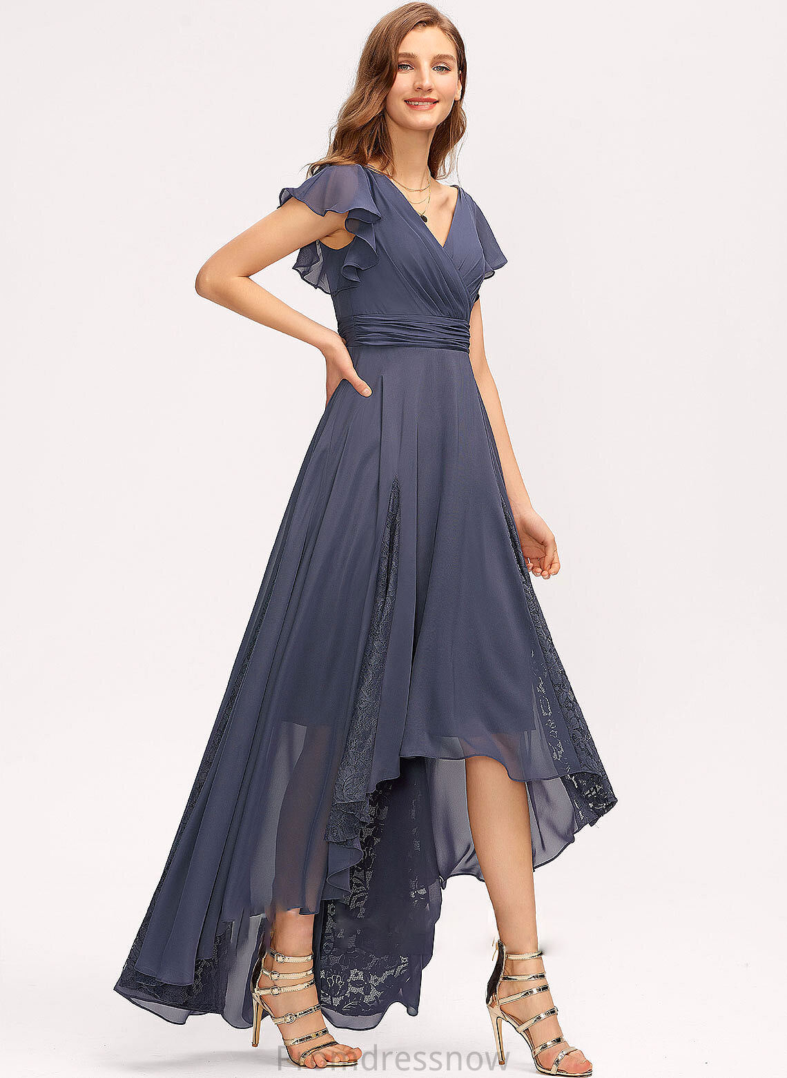 Silhouette Ruffle Fabric A-Line Length Asymmetrical Embellishment V-neck Lace Neckline Lilliana Scoop Bridesmaid Dresses