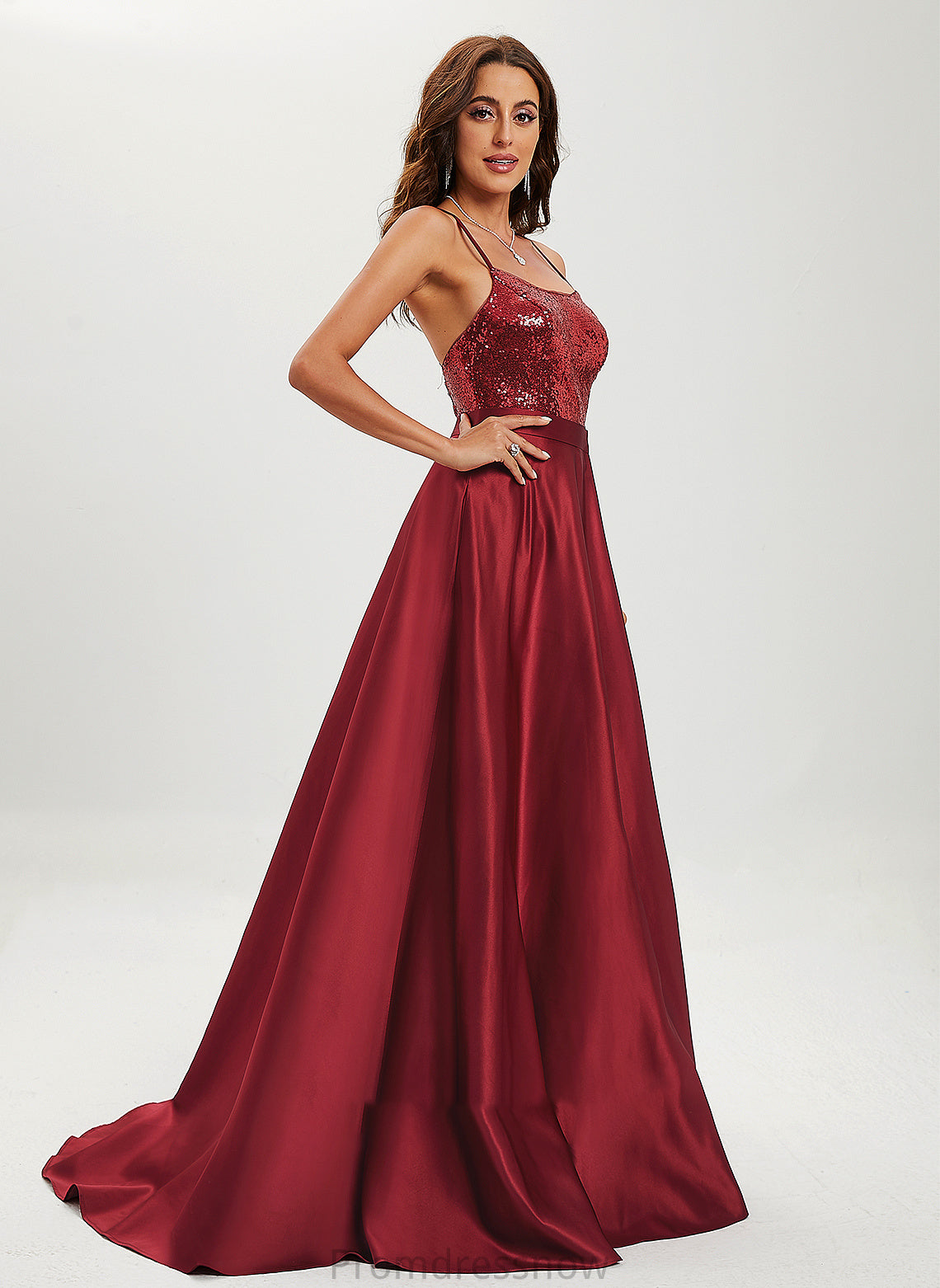 With Breanna Scoop Satin Sequins Train Prom Dresses Neck Sweep Ball-Gown/Princess