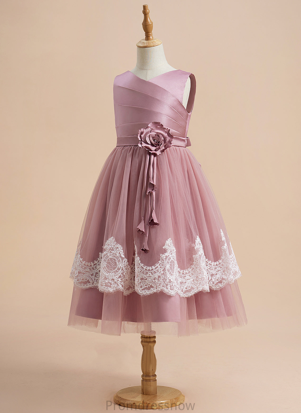 Knee-length With Vicky Dress Flower Sleeveless - V-neck Satin/Tulle Flower Girl Dresses A-Line Girl Back Lace/Flower(s)/Bow(s)/Pleated/V