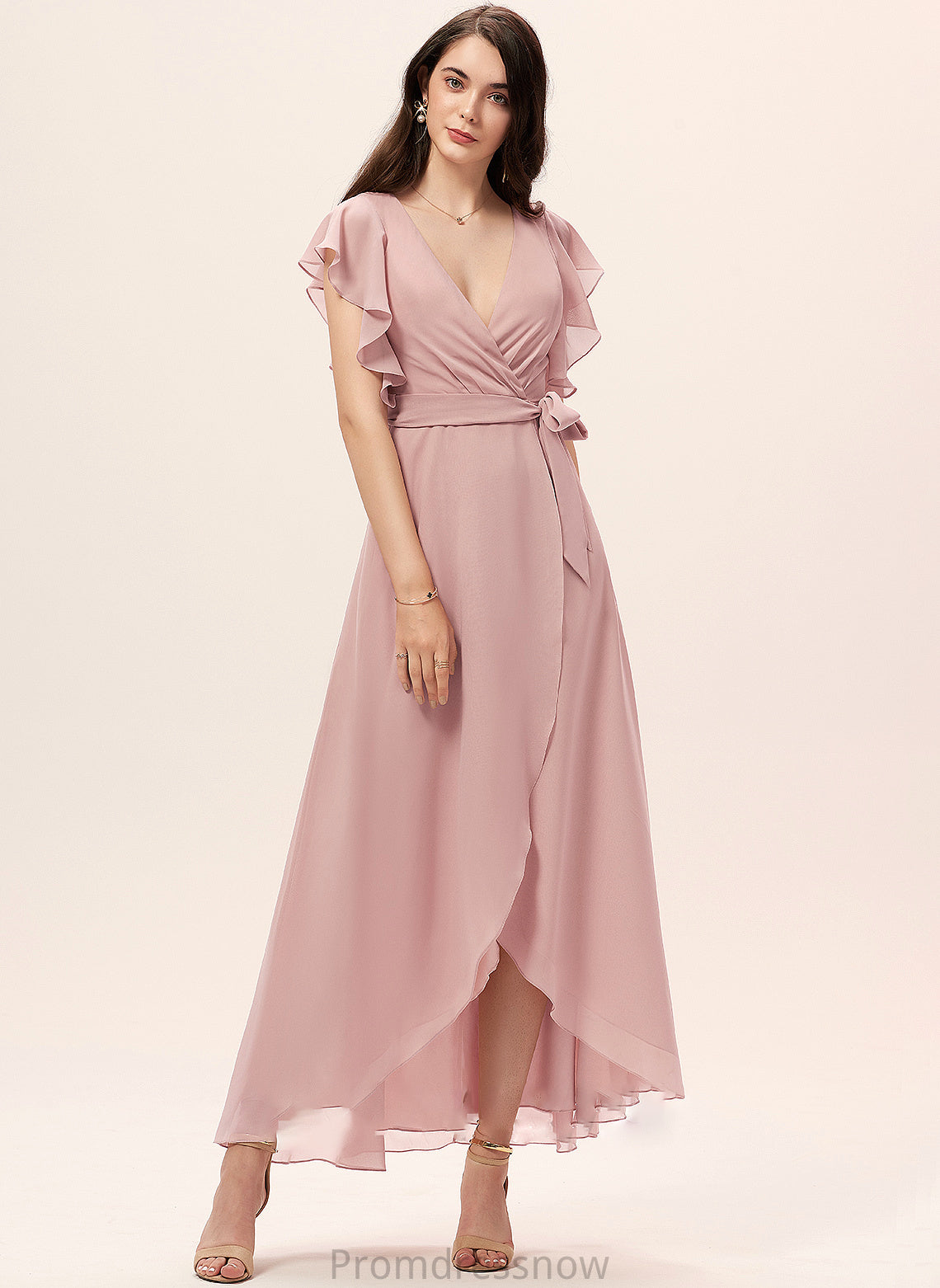 V-neck Length Ruffle A-Line Fabric Asymmetrical Neckline Silhouette Embellishment Elizabeth Sleeveless Straps Bridesmaid Dresses