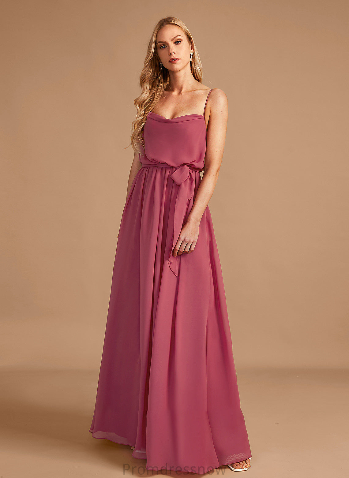 Silhouette Neckline Embellishment Length CowlNeck Floor-Length SplitFront A-Line Fabric Ruffle Gracie Straps Bridesmaid Dresses