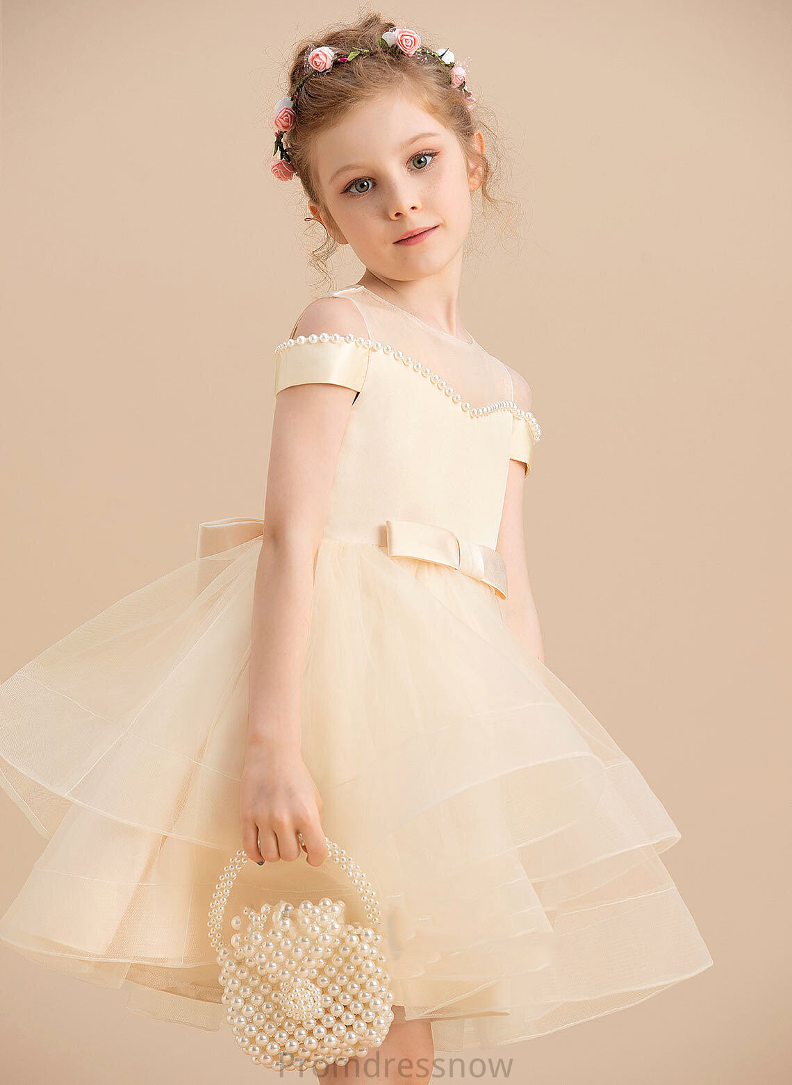 Ball-Gown/Princess Girl - Scoop Neck Dress Sleeveless Beading/Bow(s) Flower Girl Dresses Satin/Tulle Flower Knee-length Trinity With