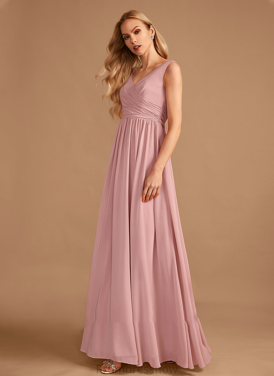 V-neck Ruffle Floor-Length Fabric Length Silhouette A-Line Embellishment Neckline Bow(s) Monica A-Line/Princess Bridesmaid Dresses