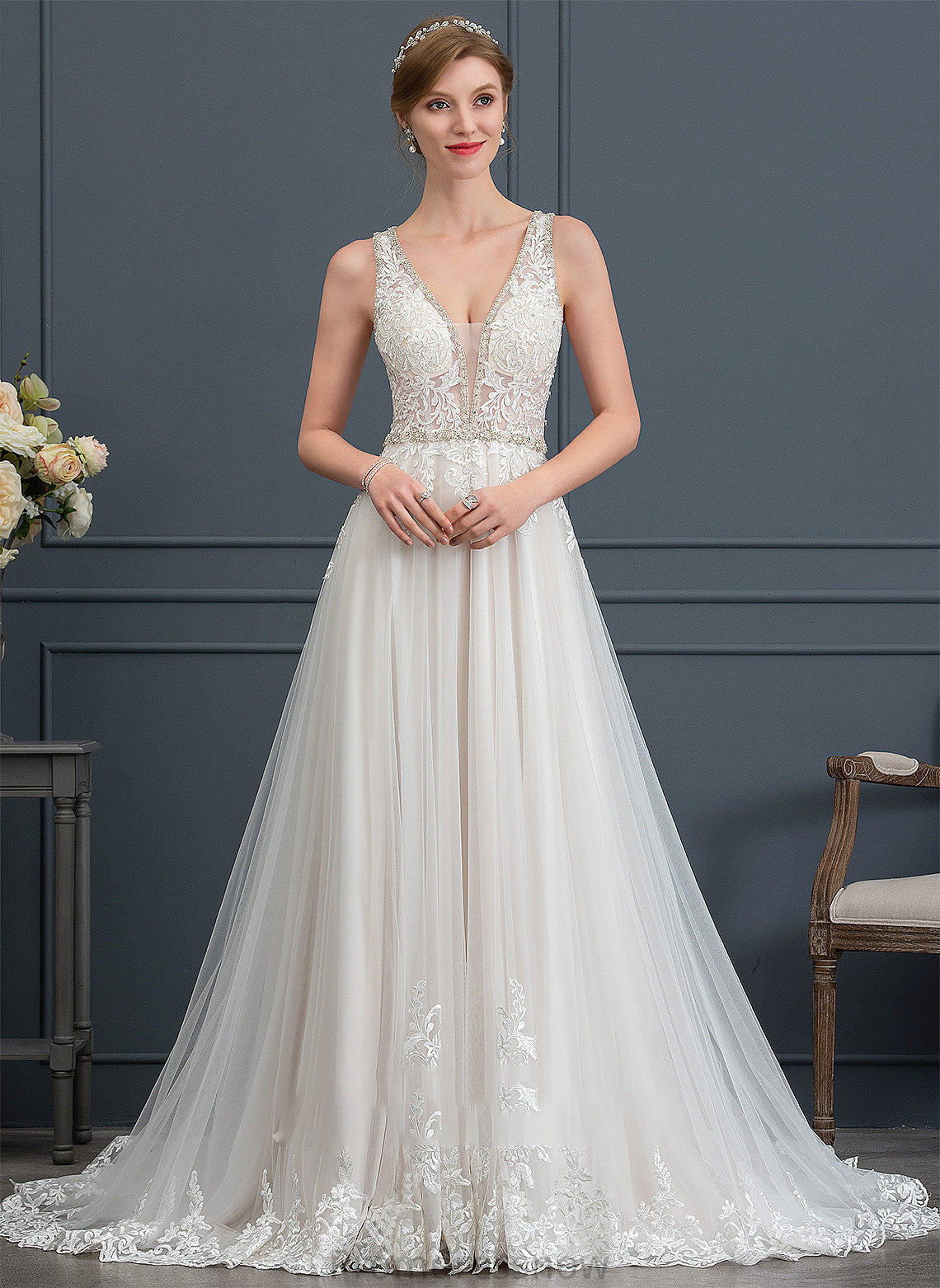 With Court Beading Tulle Wedding Wedding Dresses V-neck Train Dress Ball-Gown/Princess Stephany Sequins