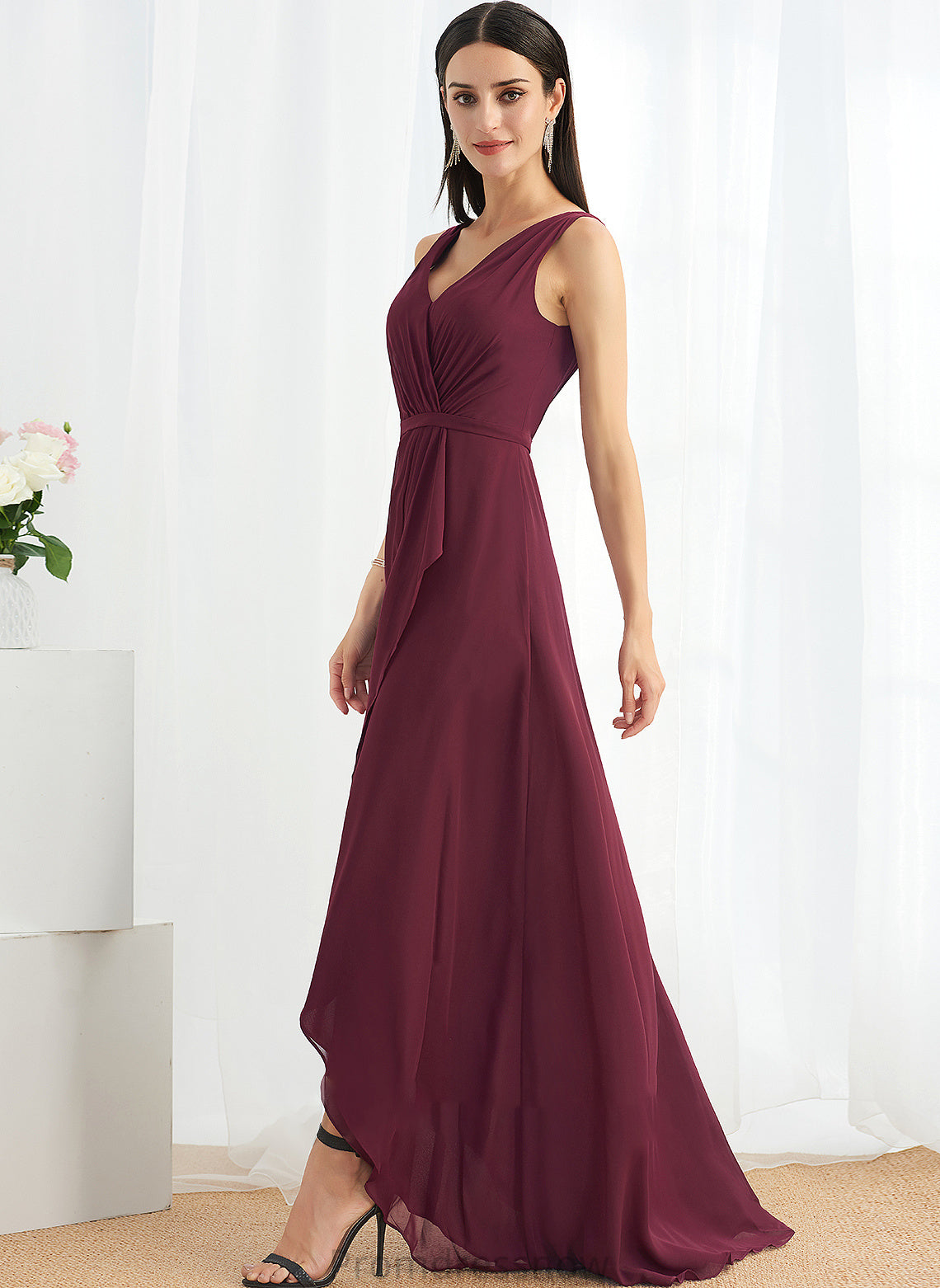 Fabric Length Embellishment Asymmetrical V-neck A-Line SplitFront Silhouette Neckline Callie A-Line/Princess Sleeveless Bridesmaid Dresses