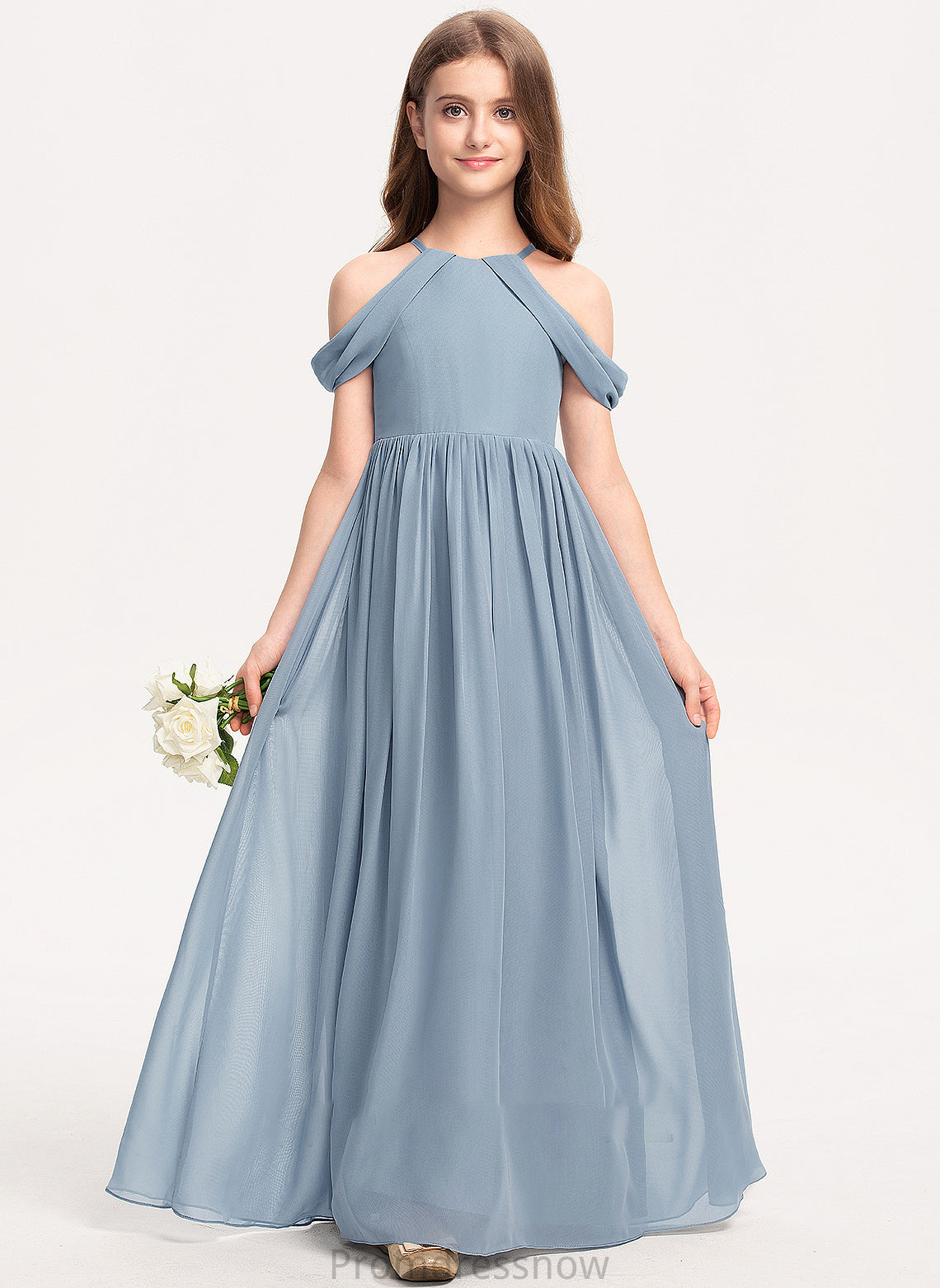 Chiffon Neck A-Line Ruffle Floor-Length Junior Bridesmaid Dresses Scoop Nia With