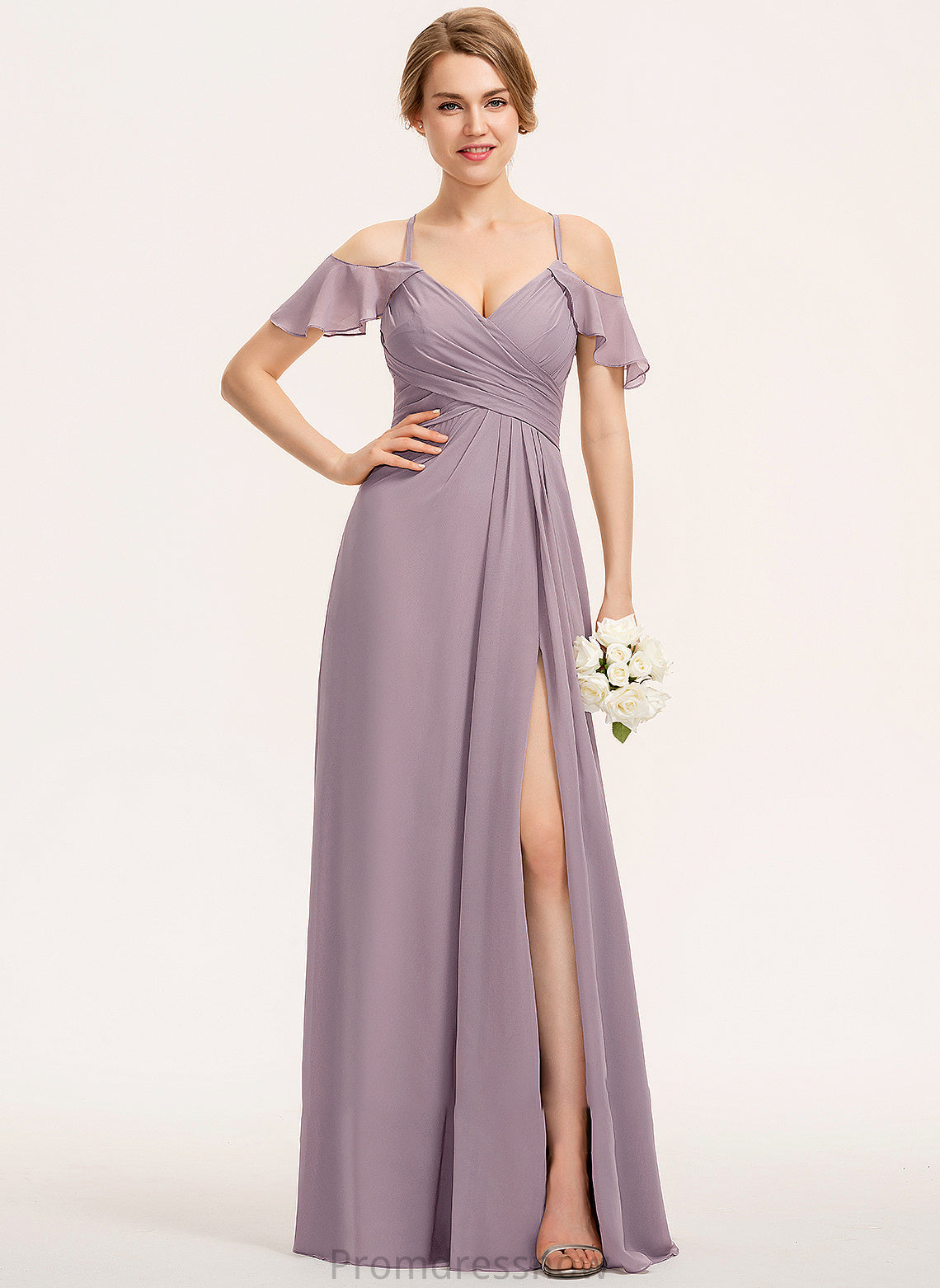 A-Line V-neck Embellishment Ruffle CascadingRuffles Fabric Floor-Length Silhouette SplitFront Length Neckline Adyson Bridesmaid Dresses