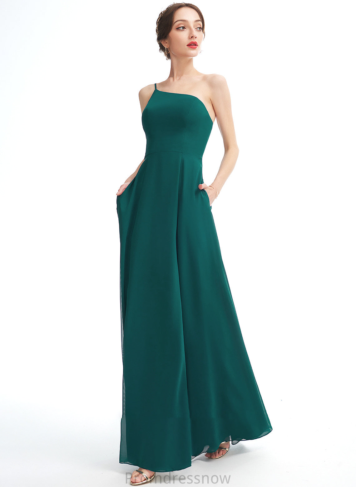 Floor-Length Neckline SplitFront Embellishment One-Shoulder Silhouette A-Line Pockets Fabric Length Thea Sleeveless Bridesmaid Dresses