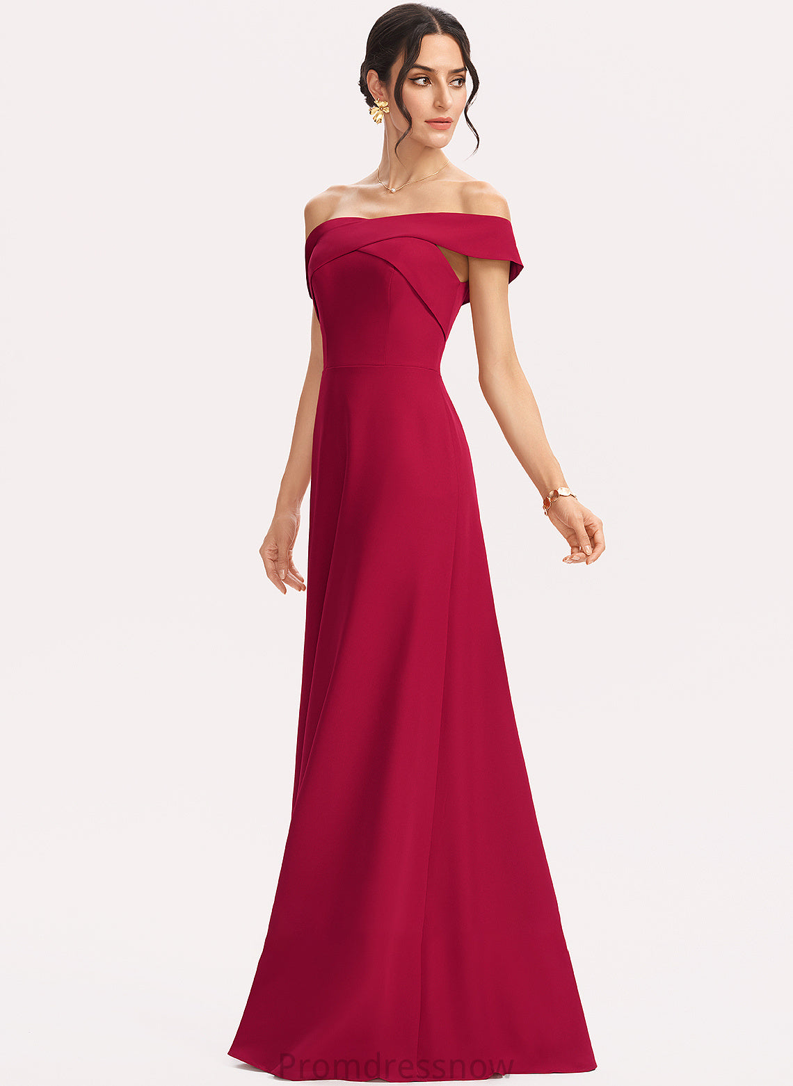 Embellishment Off-the-Shoulder Floor-Length Ruffle Fabric Length Neckline Sheath/Column Silhouette Brenda Natural Waist Sleeveless Bridesmaid Dresses