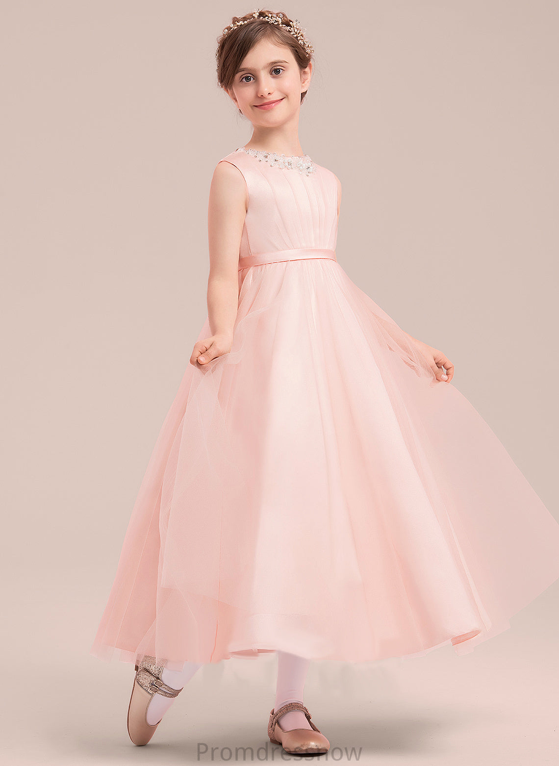 With Salome Girl Scoop Flower Girl Dresses A-Line/Princess Dress Beading/Bow(s) Sleeveless Satin/Tulle Flower - Neck Ankle-length