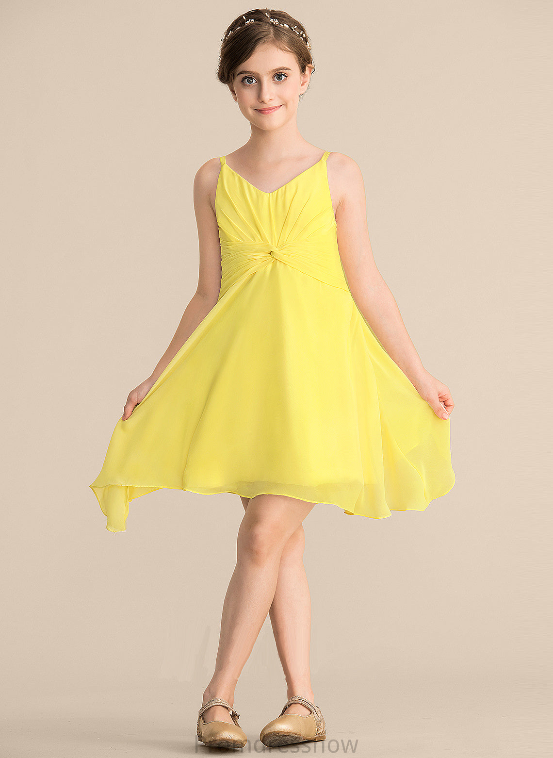 With Chiffon Ruffle A-Line Simone V-neck Knee-Length Junior Bridesmaid Dresses