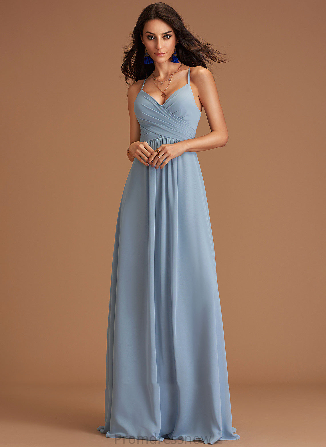 Neckline A-Line Silhouette Floor-Length Ruffle Fabric V-neck Length Embellishment Miriam Natural Waist Sleeveless Bridesmaid Dresses