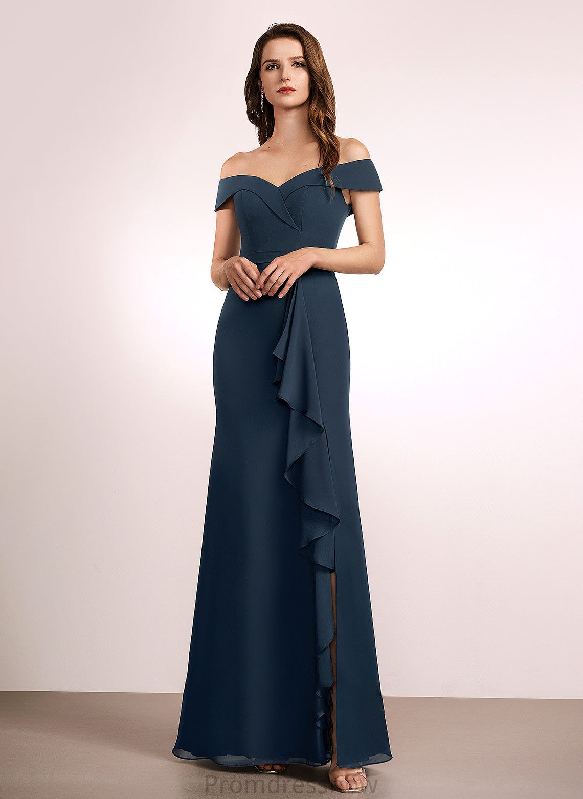 Off-the-Shoulder Ruffle Floor-Length A-Line Neckline Length Silhouette Embellishment Fabric Rylee A-Line/Princess Natural Waist Bridesmaid Dresses