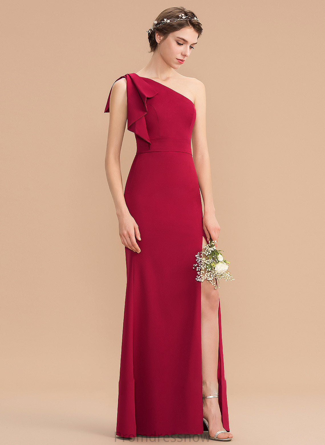 SplitFront Embellishment Silhouette One-Shoulder Fabric Neckline Length Floor-Length Sheath/Column Laurel Sleeveless Natural Waist Bridesmaid Dresses