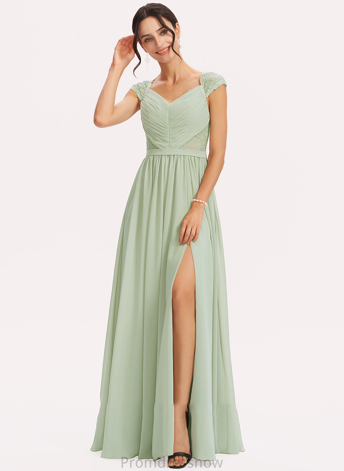 A-Line Embellishment Fabric Length Silhouette V-neck Neckline Floor-Length SplitFront Lace Janice Natural Waist Bridesmaid Dresses