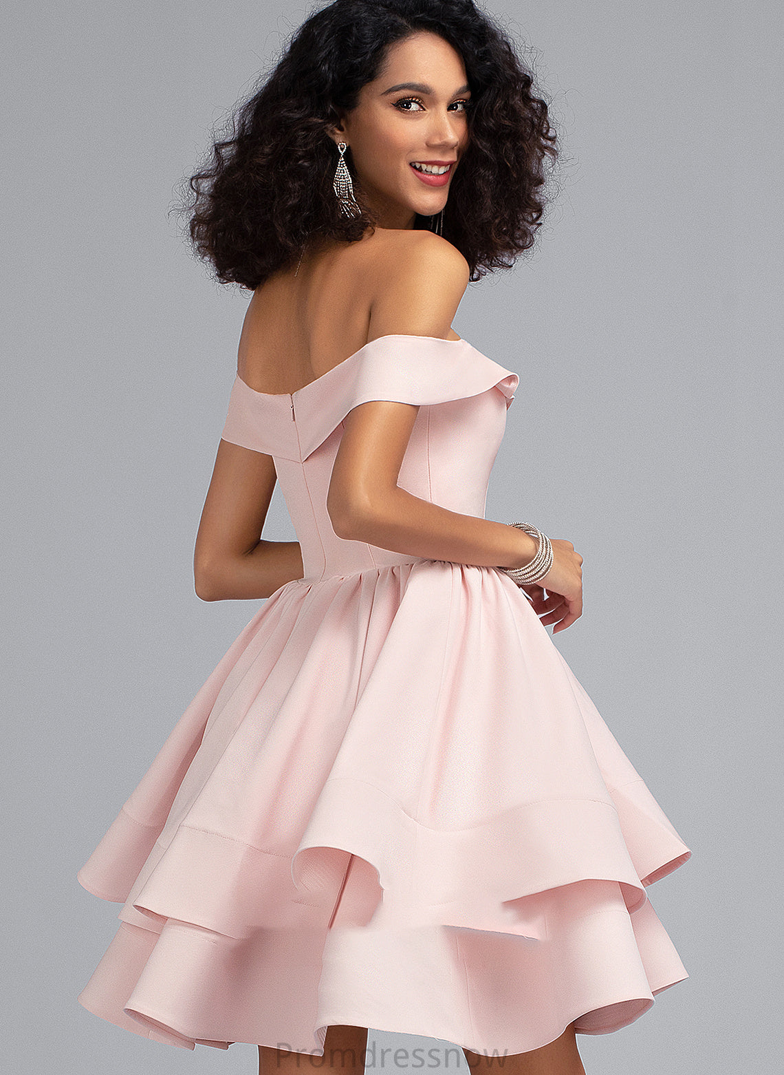 With Laylah Ruffles Stretch Short/Mini Off-the-Shoulder Crepe Cascading A-Line Prom Dresses