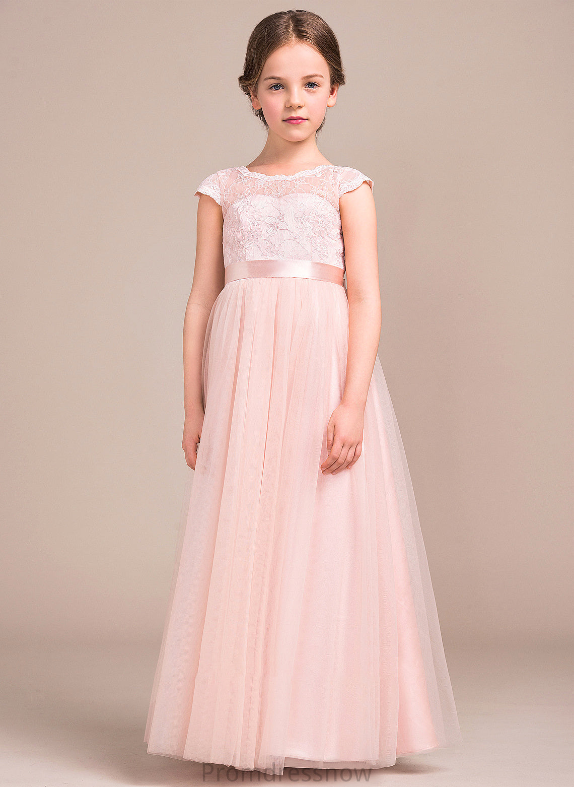 With Scoop Bow(s) A-Line Tulle Parker Floor-Length Lace Neck Junior Bridesmaid Dresses