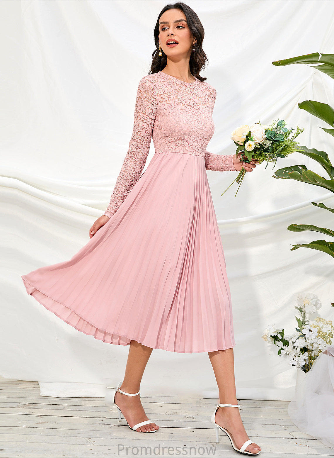 Length Fabric A-Line Knee-Length Sleeves Sleeve Lace Silhouette Straps Kamora V-Neck Natural Waist Bridesmaid Dresses