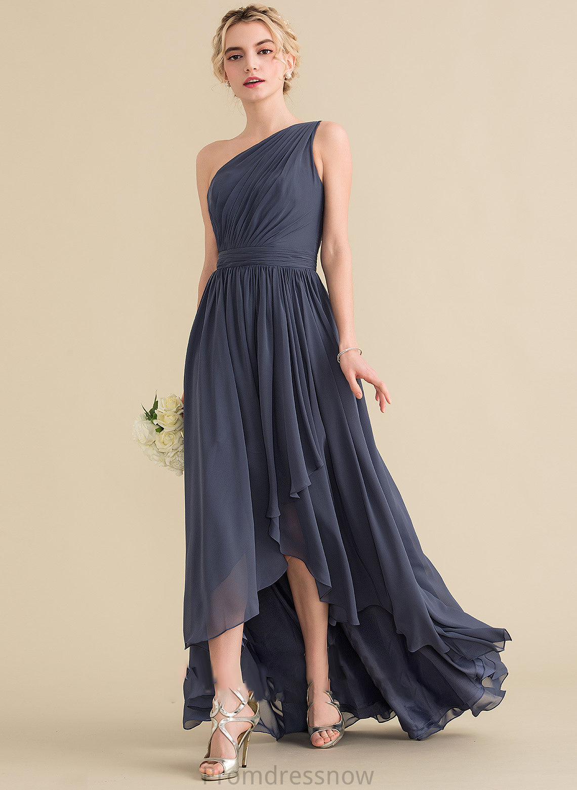 Silhouette Embellishment Neckline Asymmetrical Fabric A-Line One-Shoulder CascadingRuffles Length Yareli Spaghetti Staps Natural Waist Bridesmaid Dresses