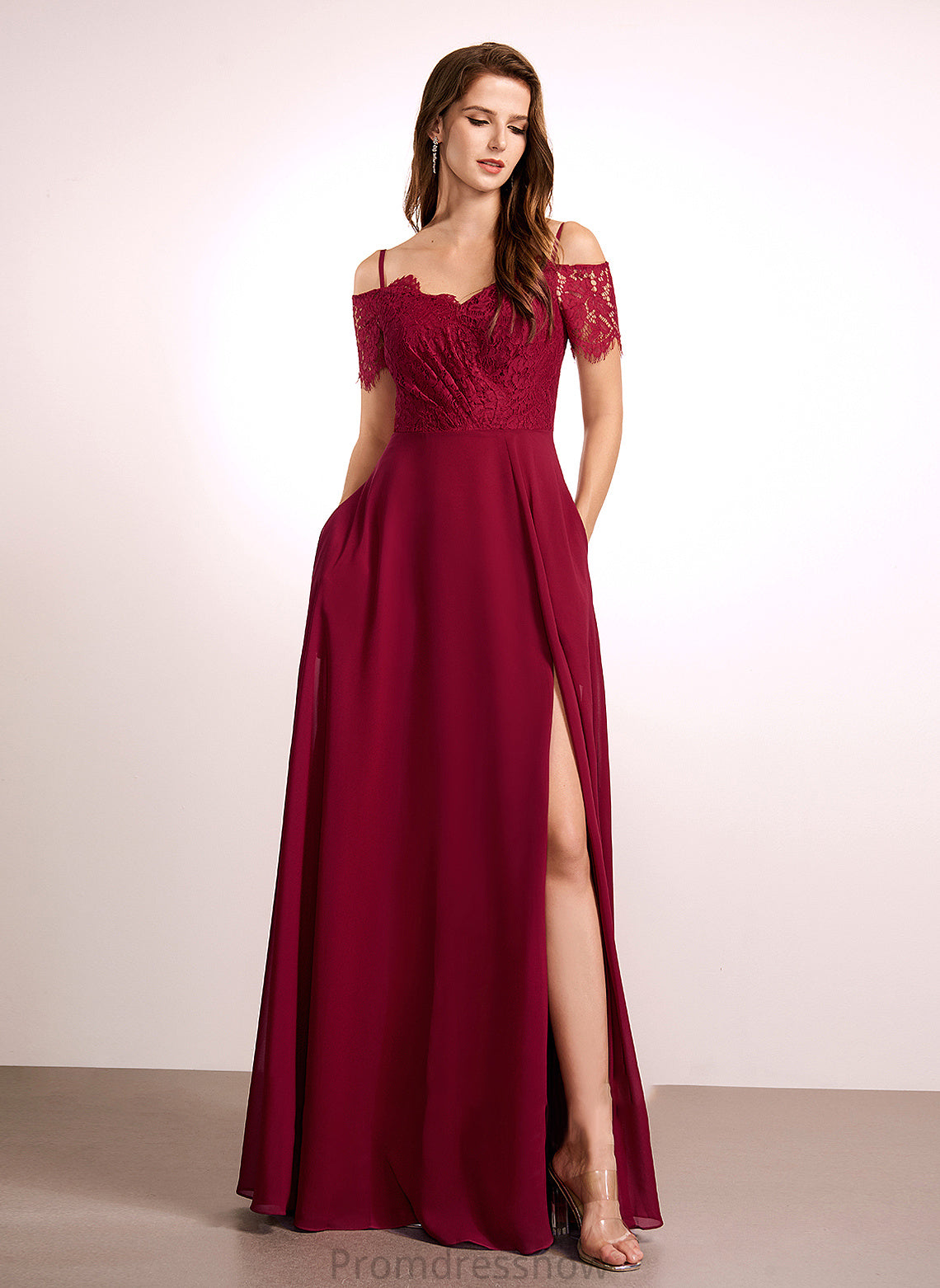 A-Line Floor-Length Fabric Length Neckline Straps V-neck Lace Silhouette Ruth Short Sleeves Natural Waist Bridesmaid Dresses