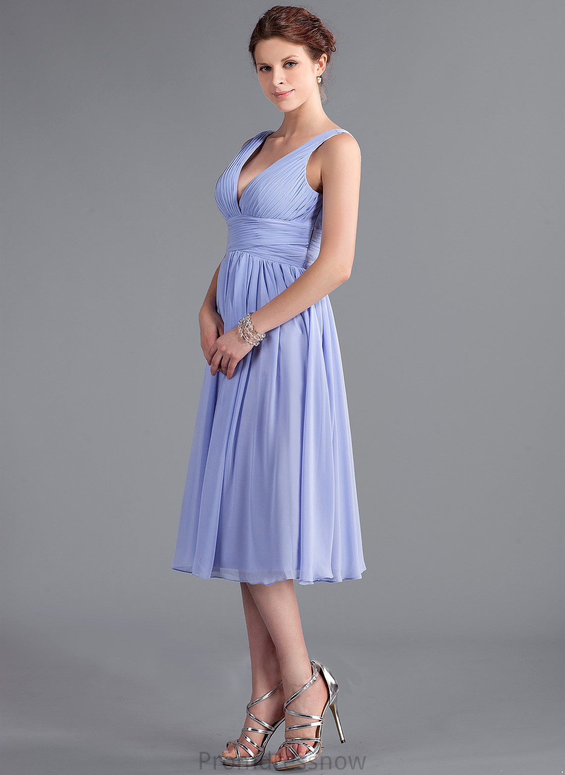 V-neck Neckline Ruffle Silhouette Tea-Length Fabric Embellishment A-Line Length Miriam Floor Length Natural Waist Bridesmaid Dresses