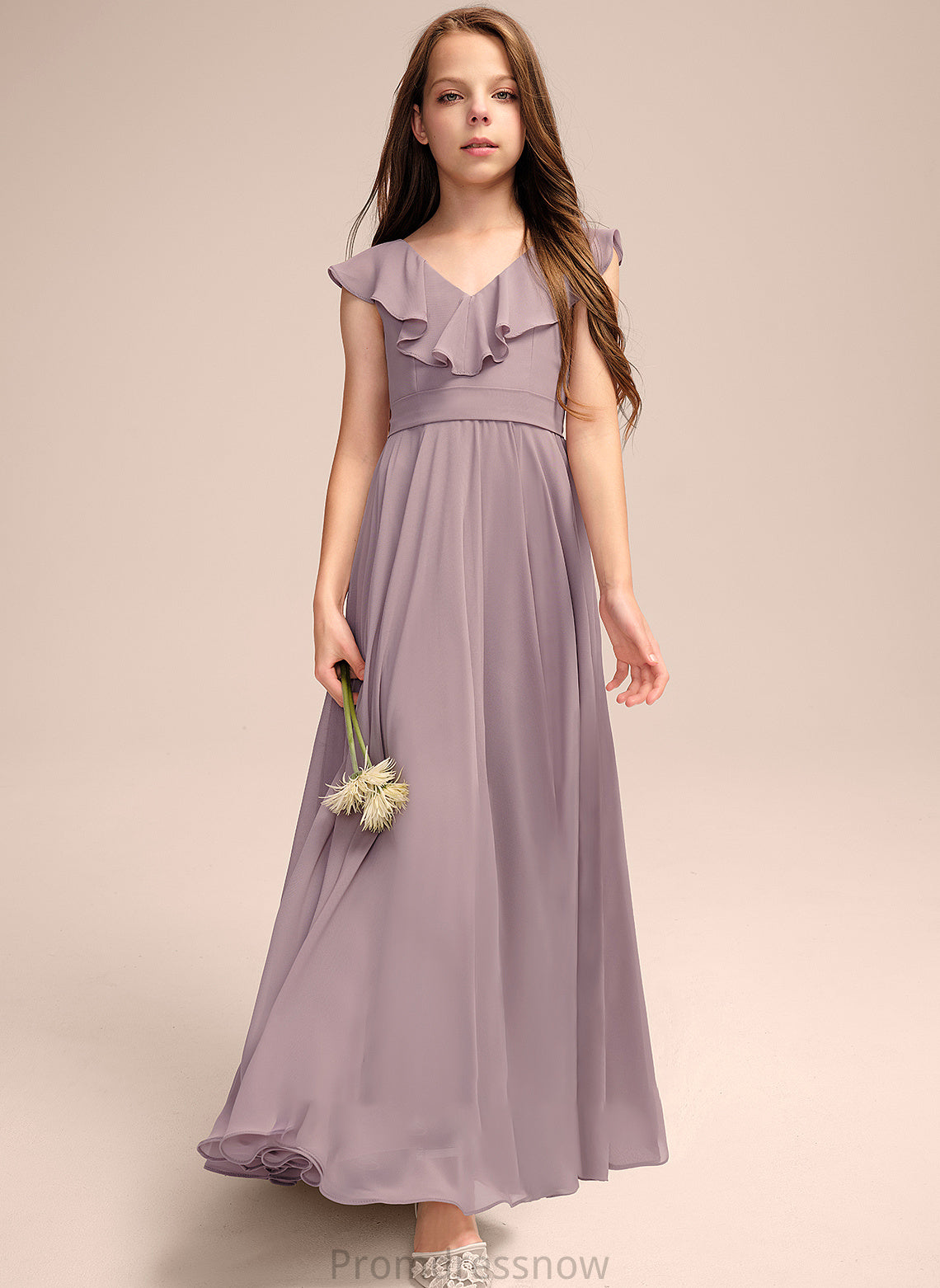 With Chiffon Floor-Length A-Line Ruffles Cascading Junior Bridesmaid Dresses Thalia V-neck