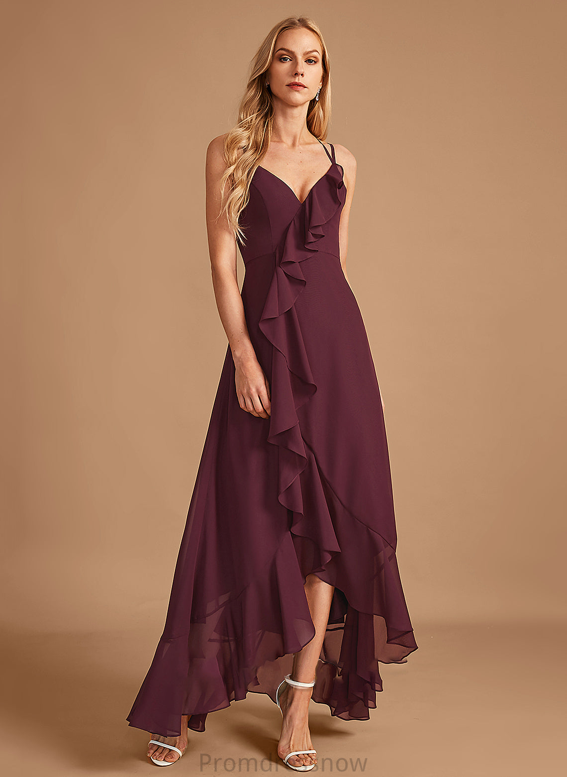 V-neck Embellishment Neckline Length Silhouette SplitFront A-Line Asymmetrical Ruffle Fabric Lyric Scoop Bridesmaid Dresses