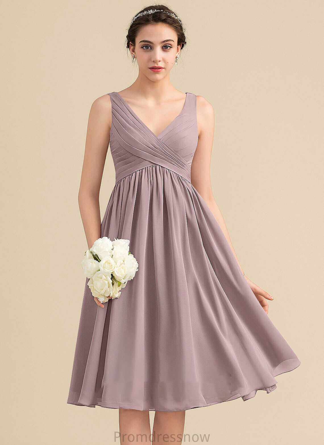 Silhouette Neckline Empire V-neck Knee-Length Fabric CascadingRuffles Length Embellishment Harper V-Neck Sleeveless Bridesmaid Dresses