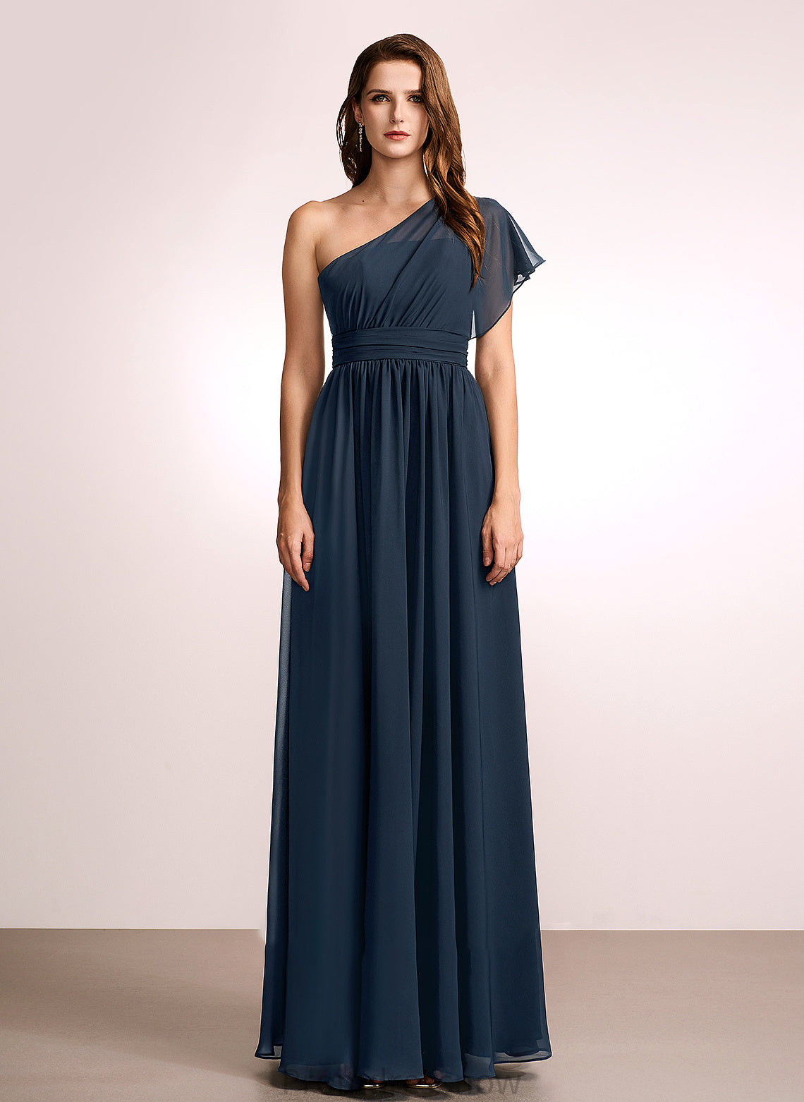 Ruffle One-Shoulder Silhouette Fabric Embellishment Neckline Length A-Line Floor-Length Hedda Natural Waist V-Neck Bridesmaid Dresses