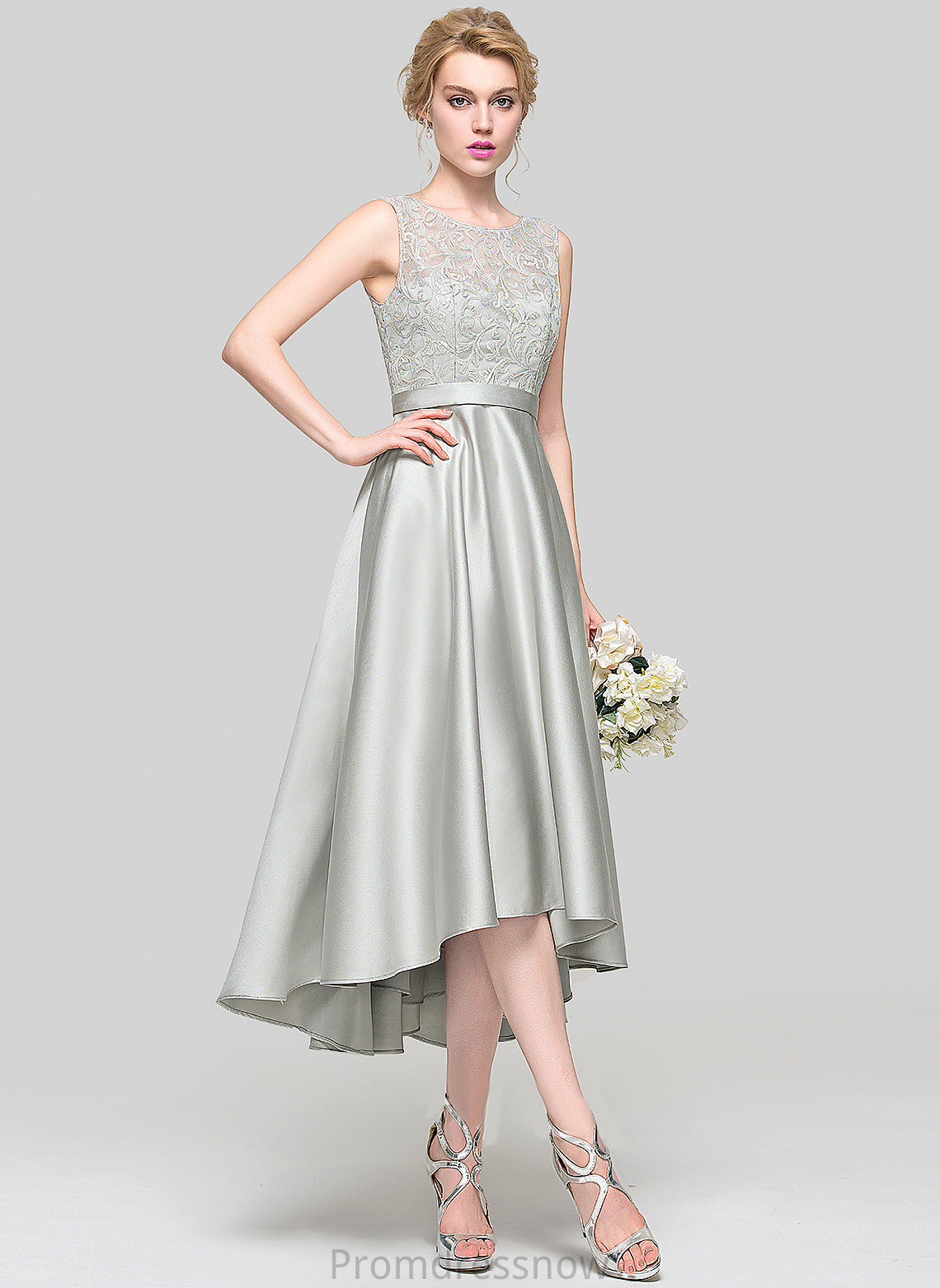 Fabric Satin Straps Asymmetrical Lace Silhouette ScoopNeck Neckline Length A-Line Judith Sleeveless Bridesmaid Dresses