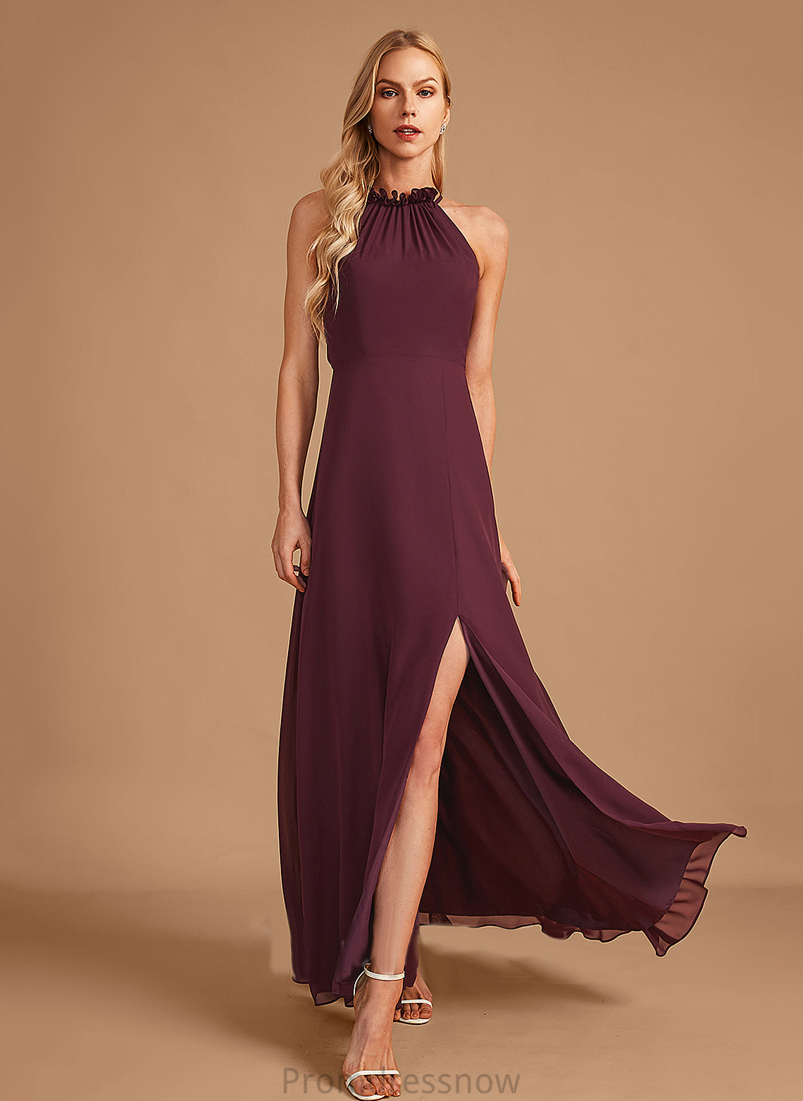 Neckline Silhouette Embellishment HighNeck Fabric Floor-Length Length A-Line SplitFront Marilyn Natural Waist Scoop Bridesmaid Dresses