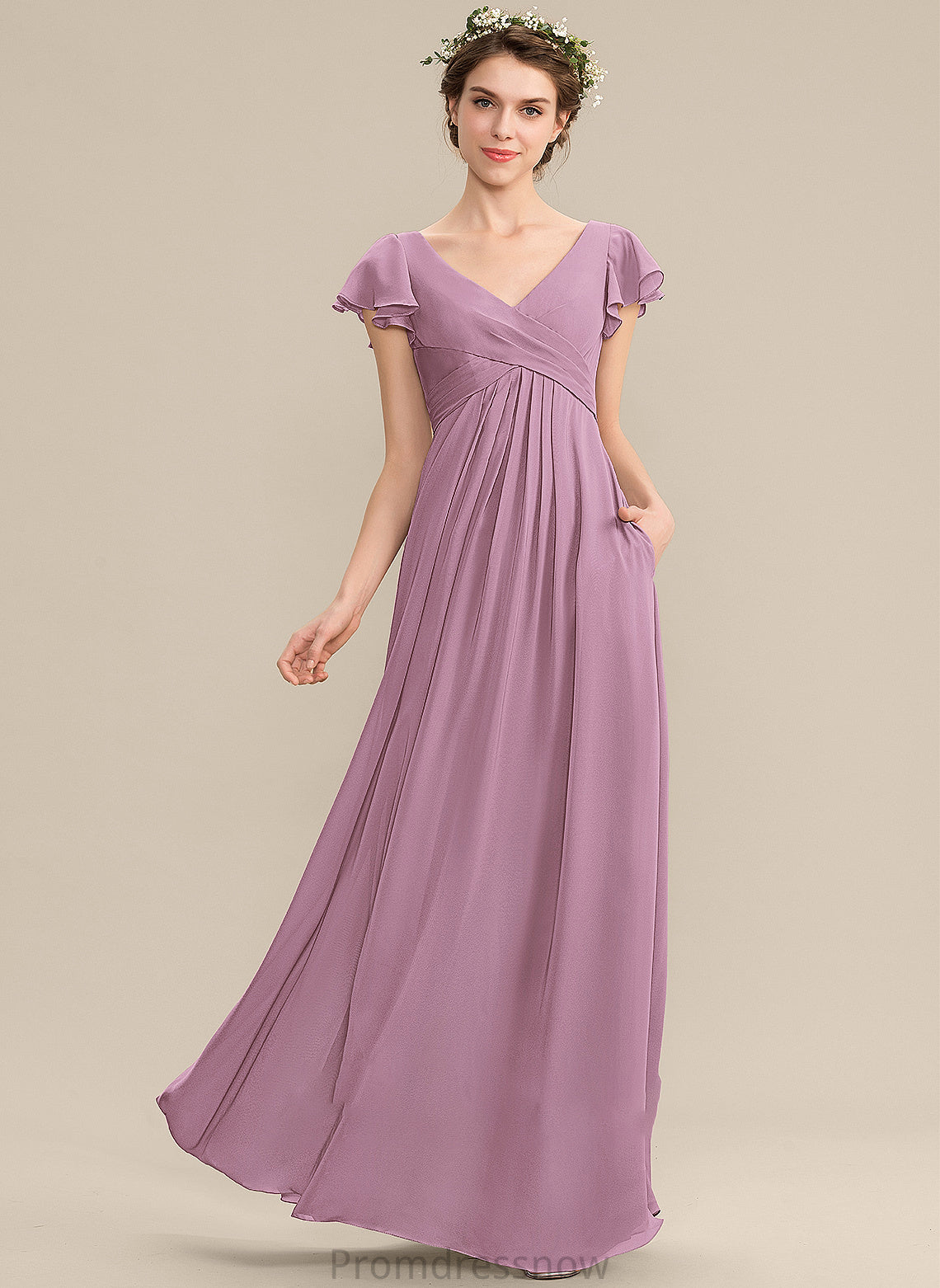 A-Line CascadingRuffles Pockets Neckline Silhouette Fabric Length V-neck Embellishment Floor-Length Kenzie A-Line/Princess Bridesmaid Dresses