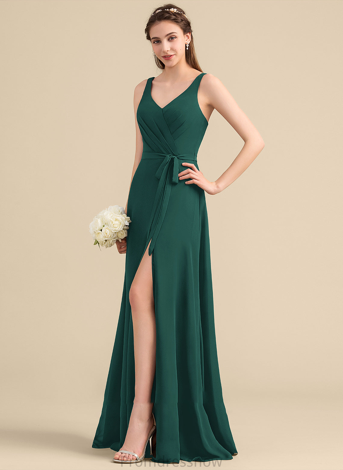 V-neck A-Line Bow(s) Fabric Neckline SplitFront Length Ruffle Silhouette Embellishment Floor-Length Melissa Bridesmaid Dresses