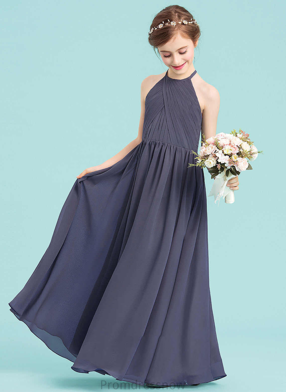 With Scoop Floor-Length Junior Bridesmaid Dresses A-Line Ruffle Neck Grace Chiffon